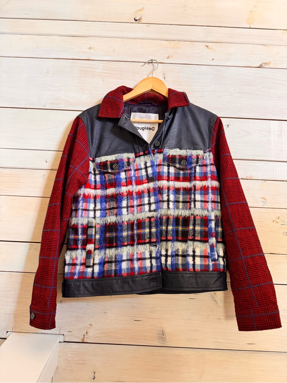 Desigual Red Plaid Mixed-Media Jean Jacket with Blue & White Accents